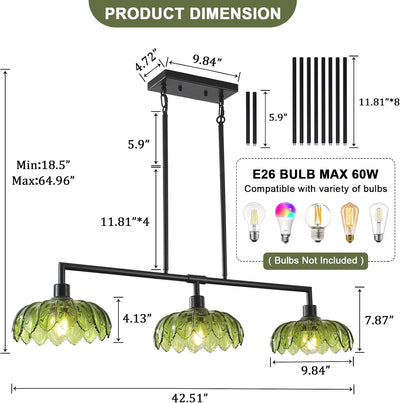 Candelabro lineal negro 42pulg 3 lámparas colgantes verde claro