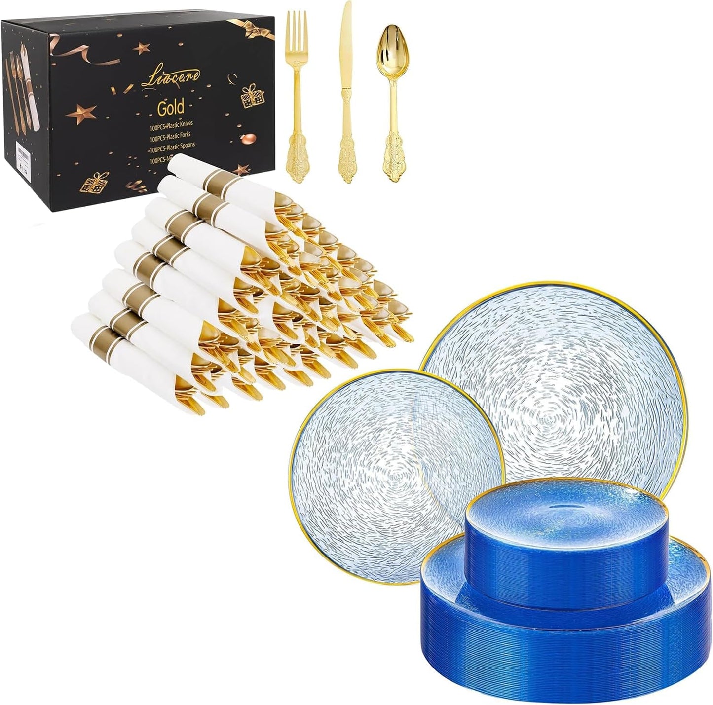 Set 400 cubiertos plástico dorado y 60 platos plástico azul