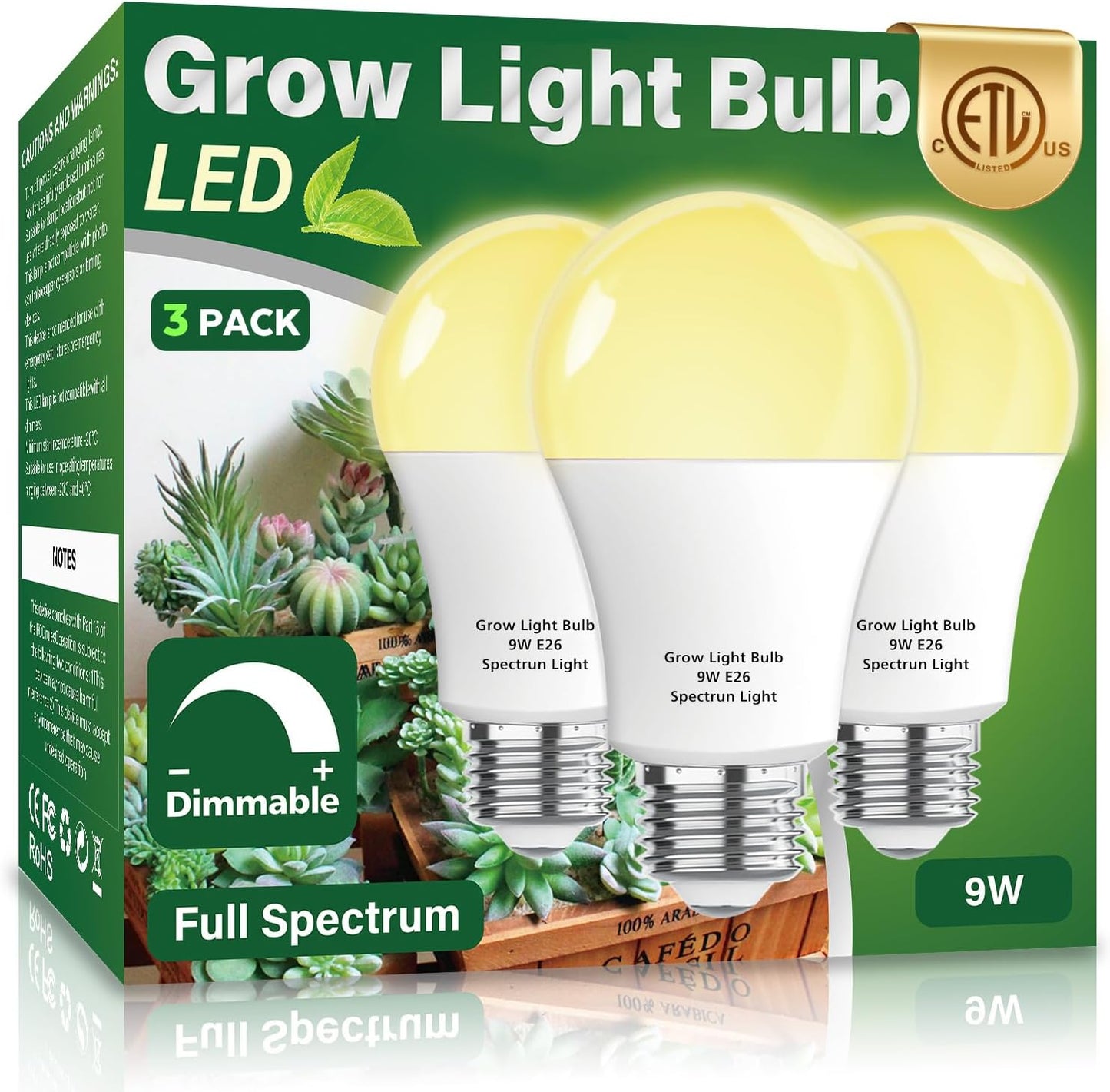 3 Pzas Bombilla Luz Crecimiento A19 9W E26 Regulable