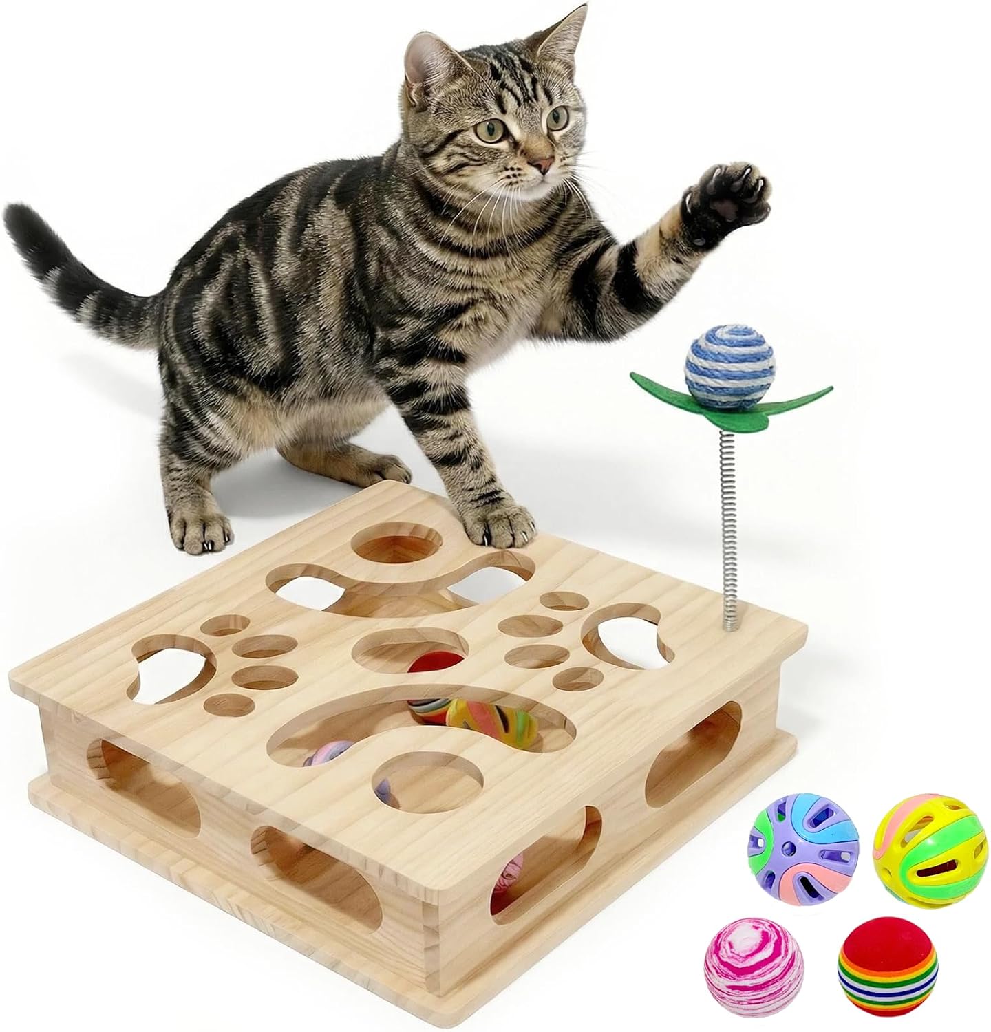 Caja rompecabezas madera pino gato laberinto sisal bolas