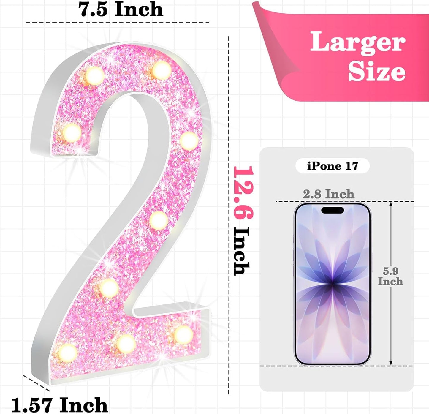 Números iluminados LED rosa 12.6pulg para cumpleaños niña