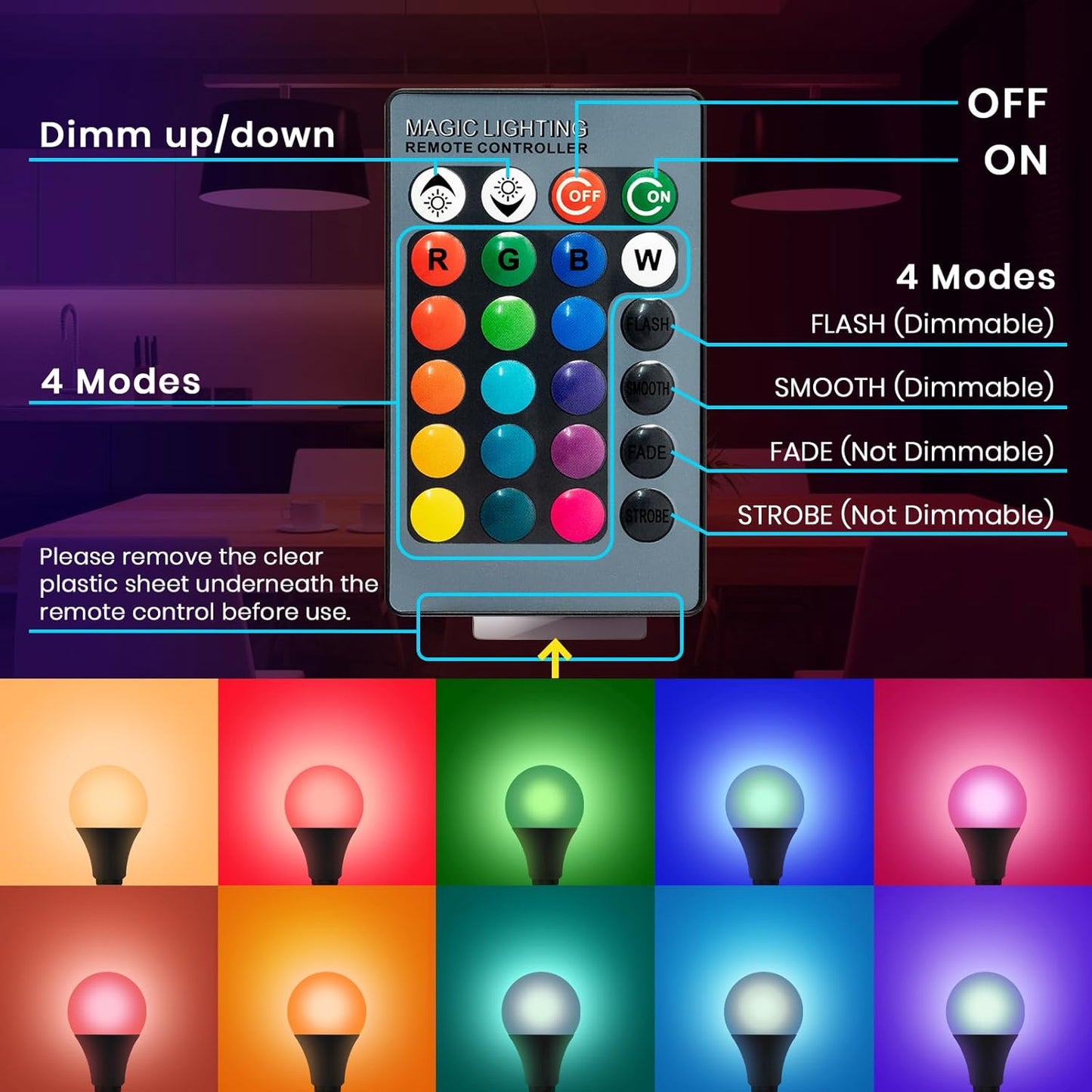 Bombillas RGB LED blanco 9W 6500K E26 con control remoto