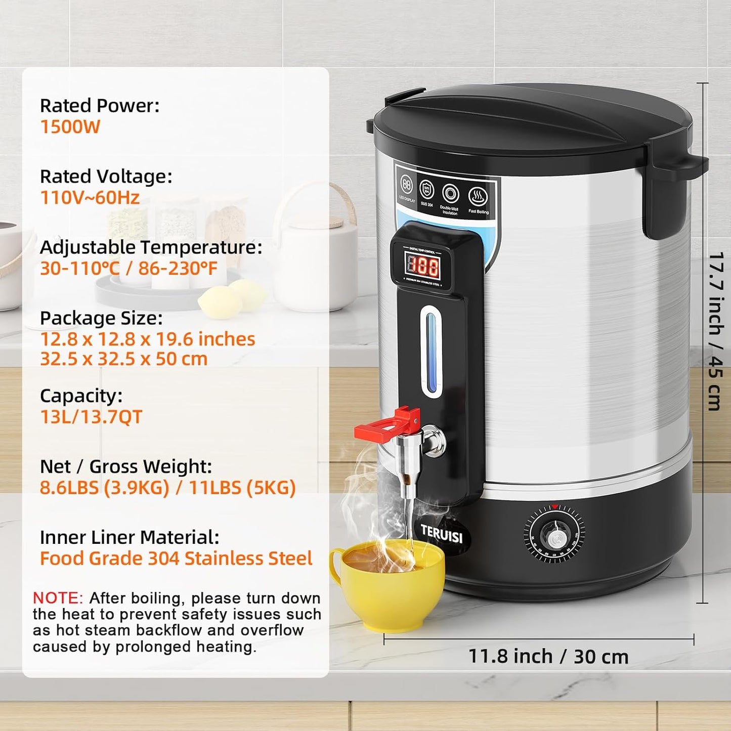 Caldera eléctrica dispensador agua caliente 13L 1500W acero inox