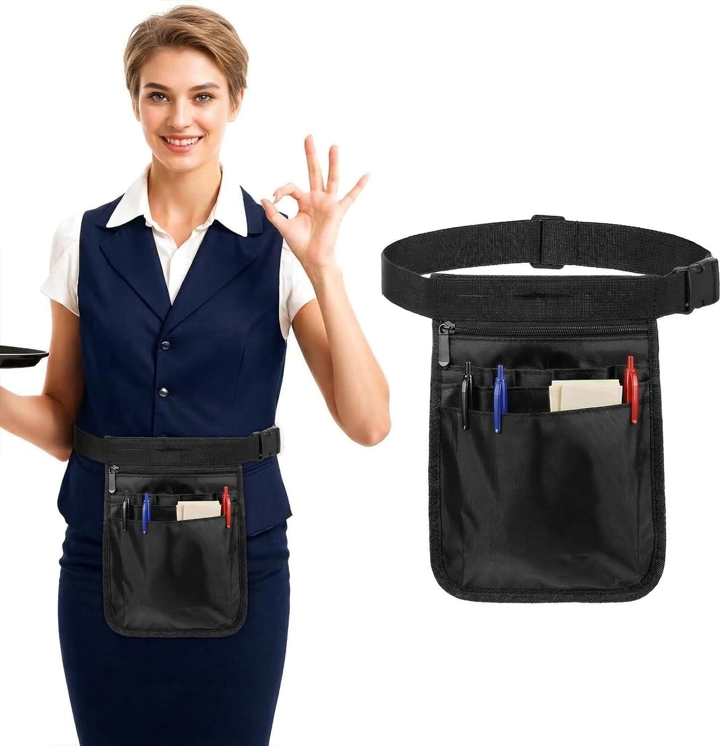 Delantal Negro con Bolsillos Ajustables para Camarero