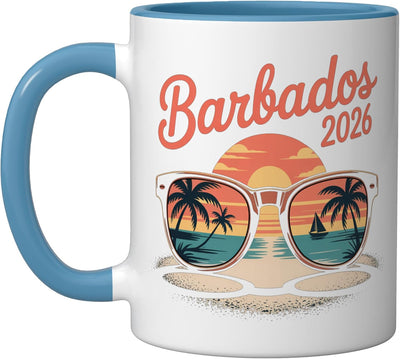 Taza de cerámica Barbados 2026 diseño vacaciones azul y blanco