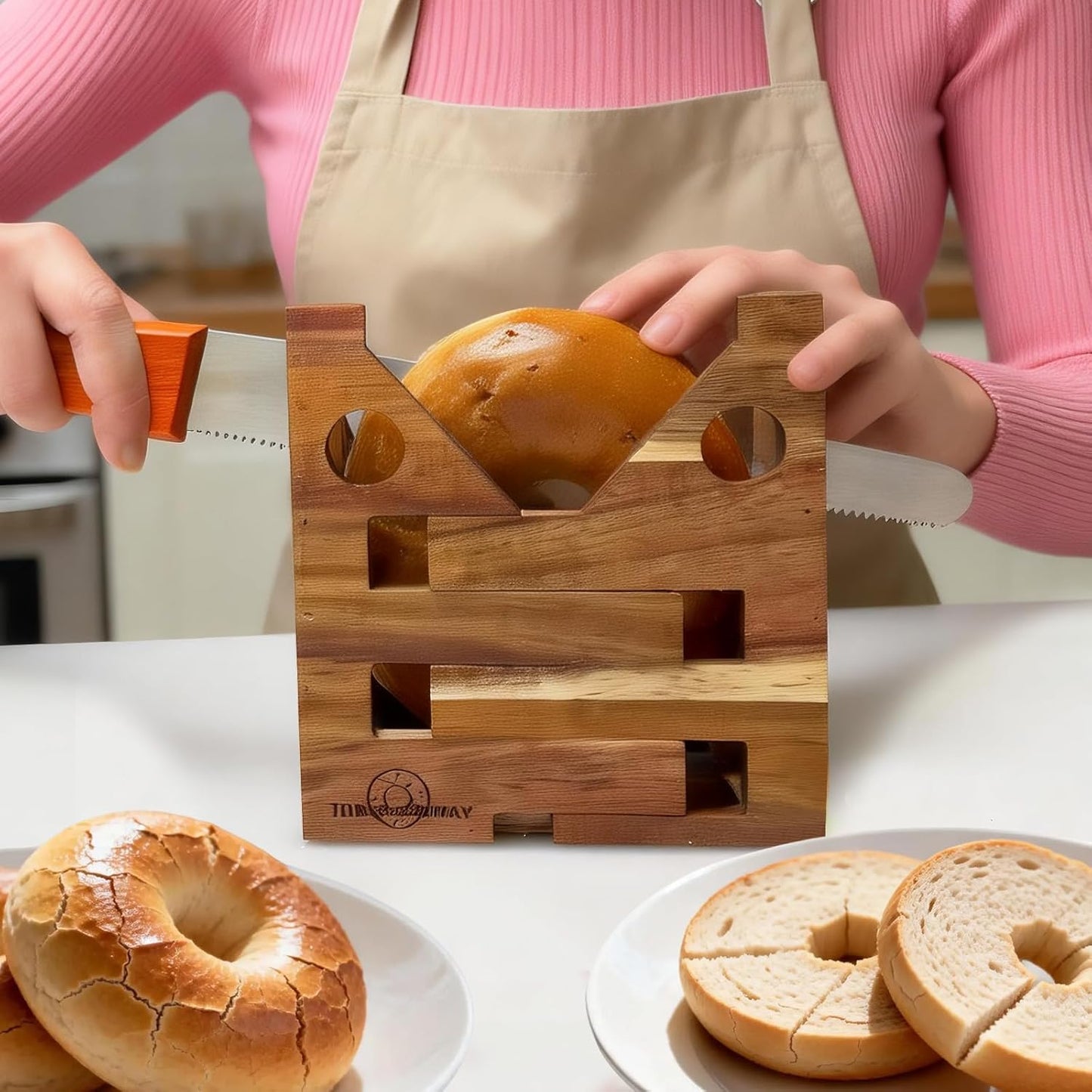 Cortador de bagel ajustable para pequeños y grandes con soporte de madera de acacia