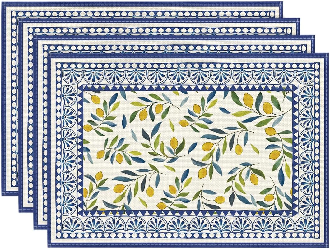 Juego de 4 manteles individuales de verano con diseño de ramas de limón y hojas