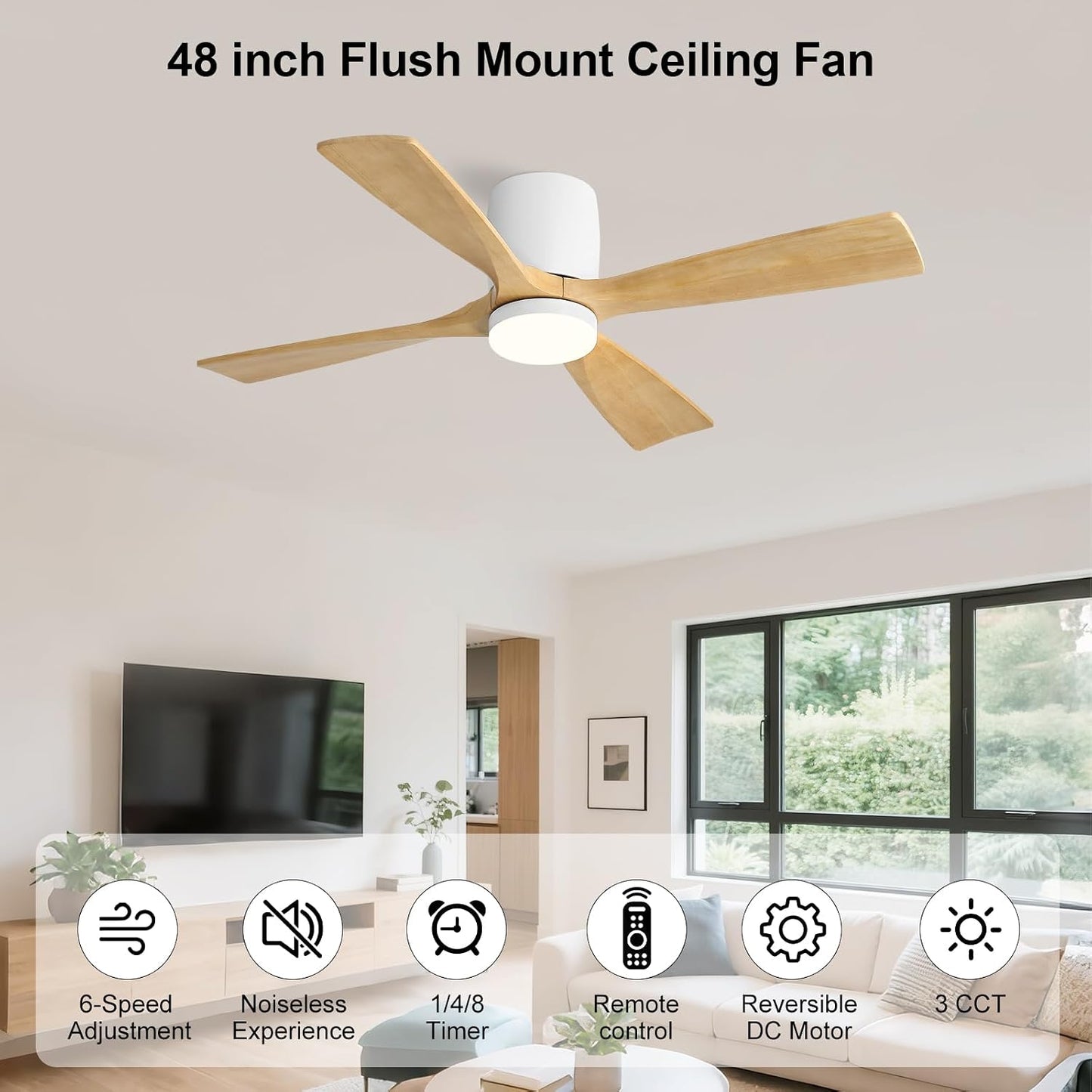 Ventilador techo madera 48pulg luz control remoto 6 velocidades