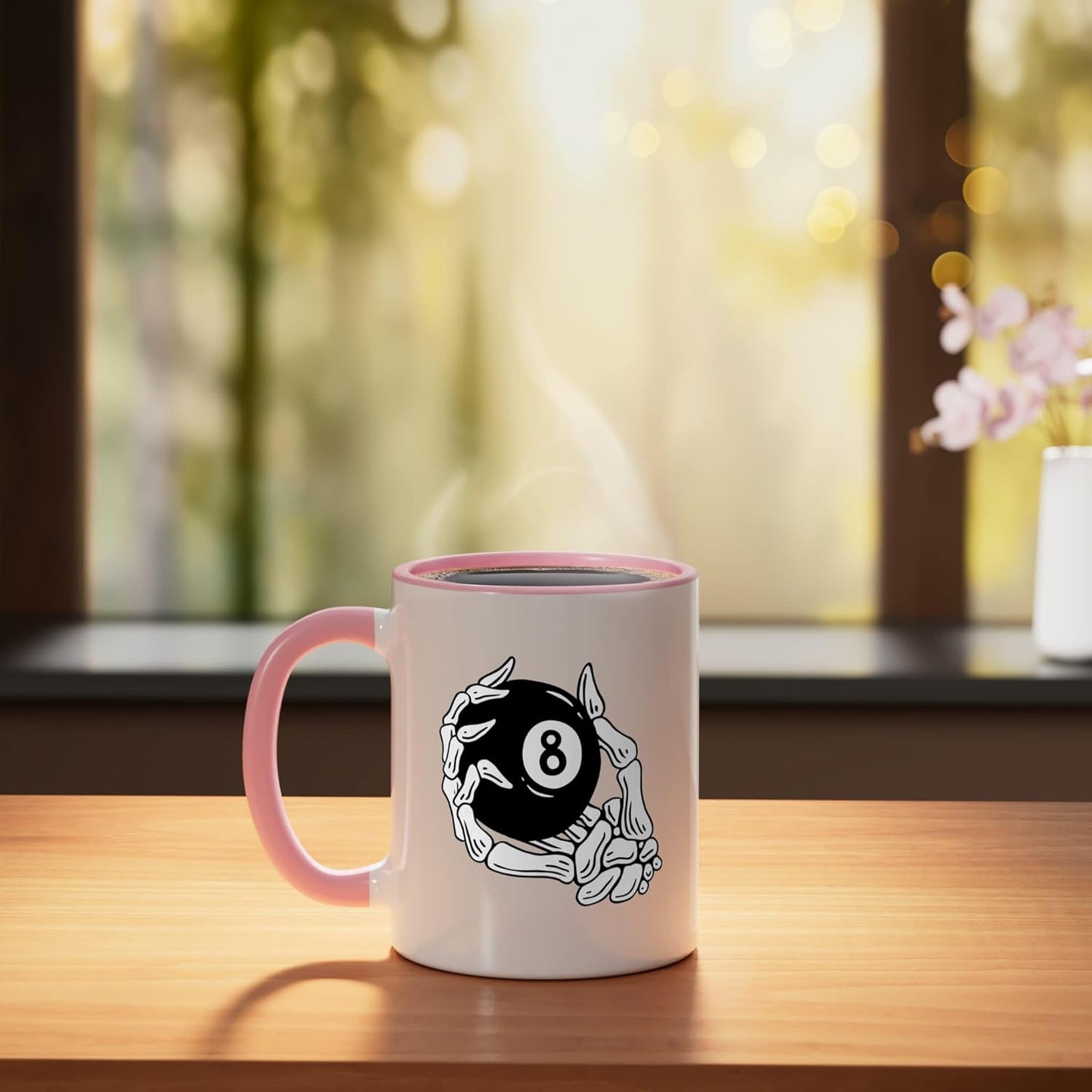 Taza cerámica billar vintage 8 bolas café rosa/blanco