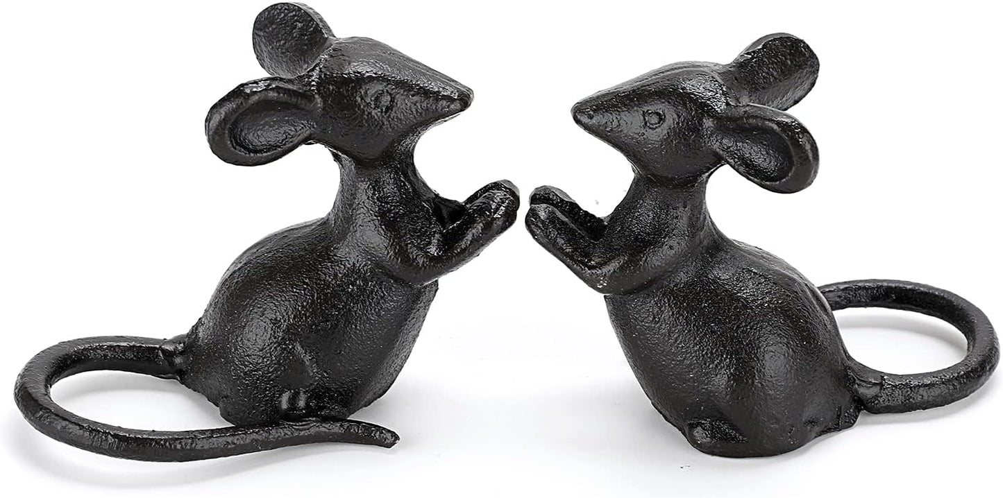 2 Estatuas Ratón Hierro Fundido Negro Decoración Hogar
