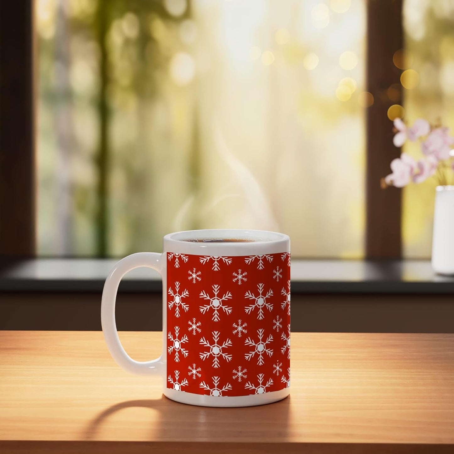 Taza Cerámica Roja Diseño Invierno Copo Nieve