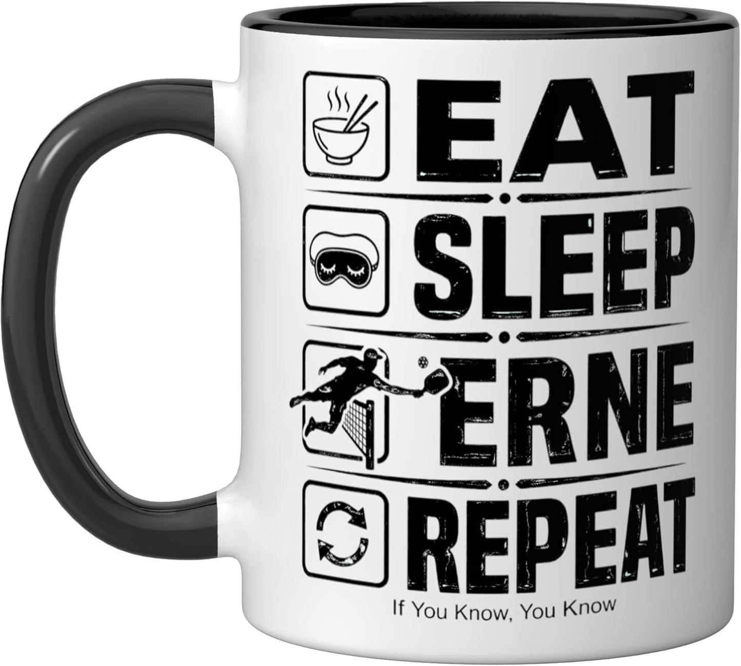 Taza de cerámica para pickleball Eat Sleep Erne Repeat negra/blanca