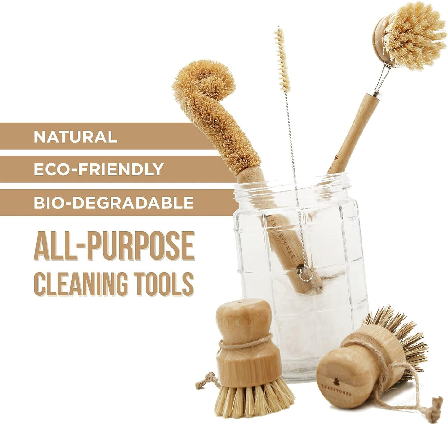 Set cepillos bambú natural con soporte para platos
