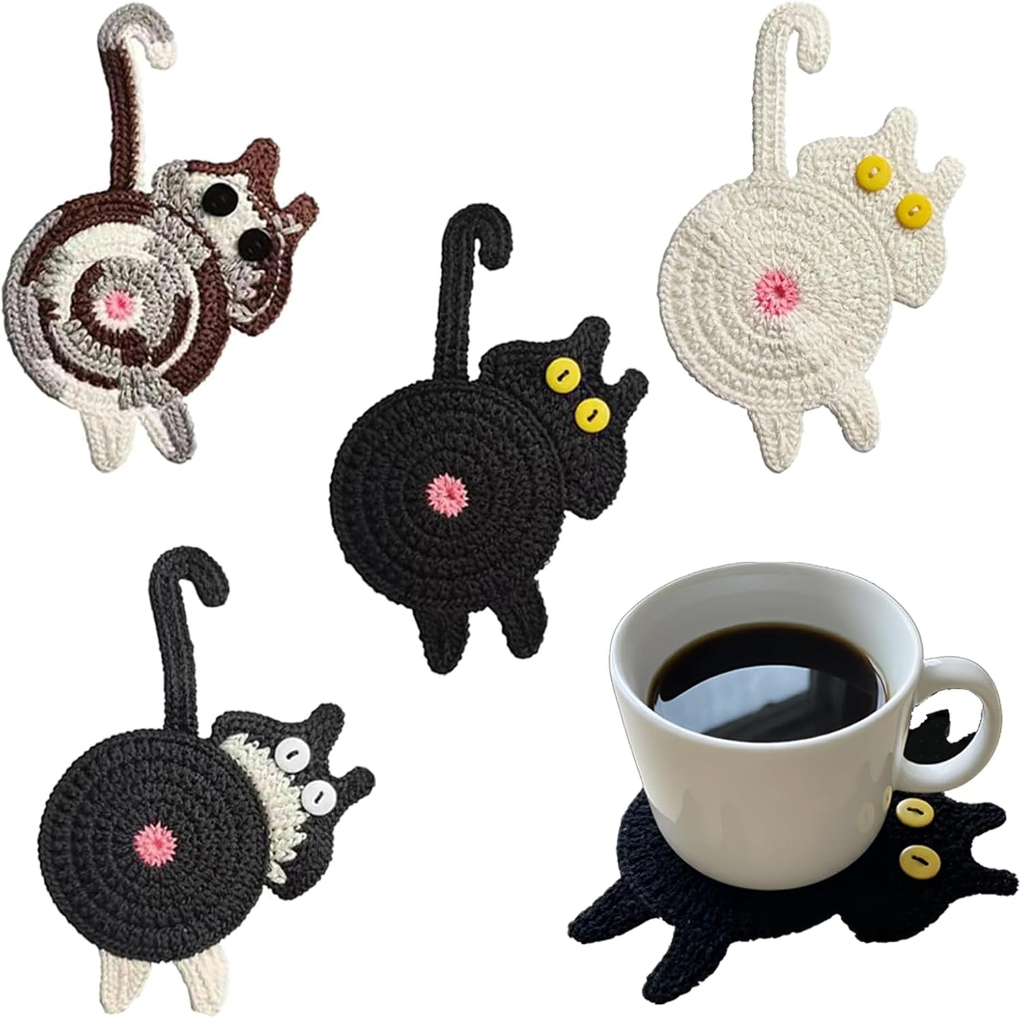 Porta taza de gato crochet para mesa decoración regalo divertido 4 piezas