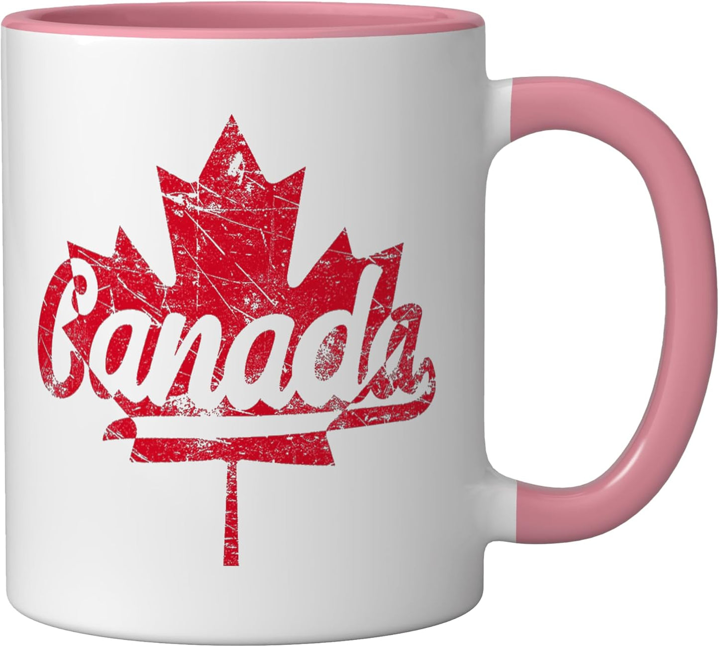 Taza cerámica vintage bandera canadiense hoja de maple rosa/blanca