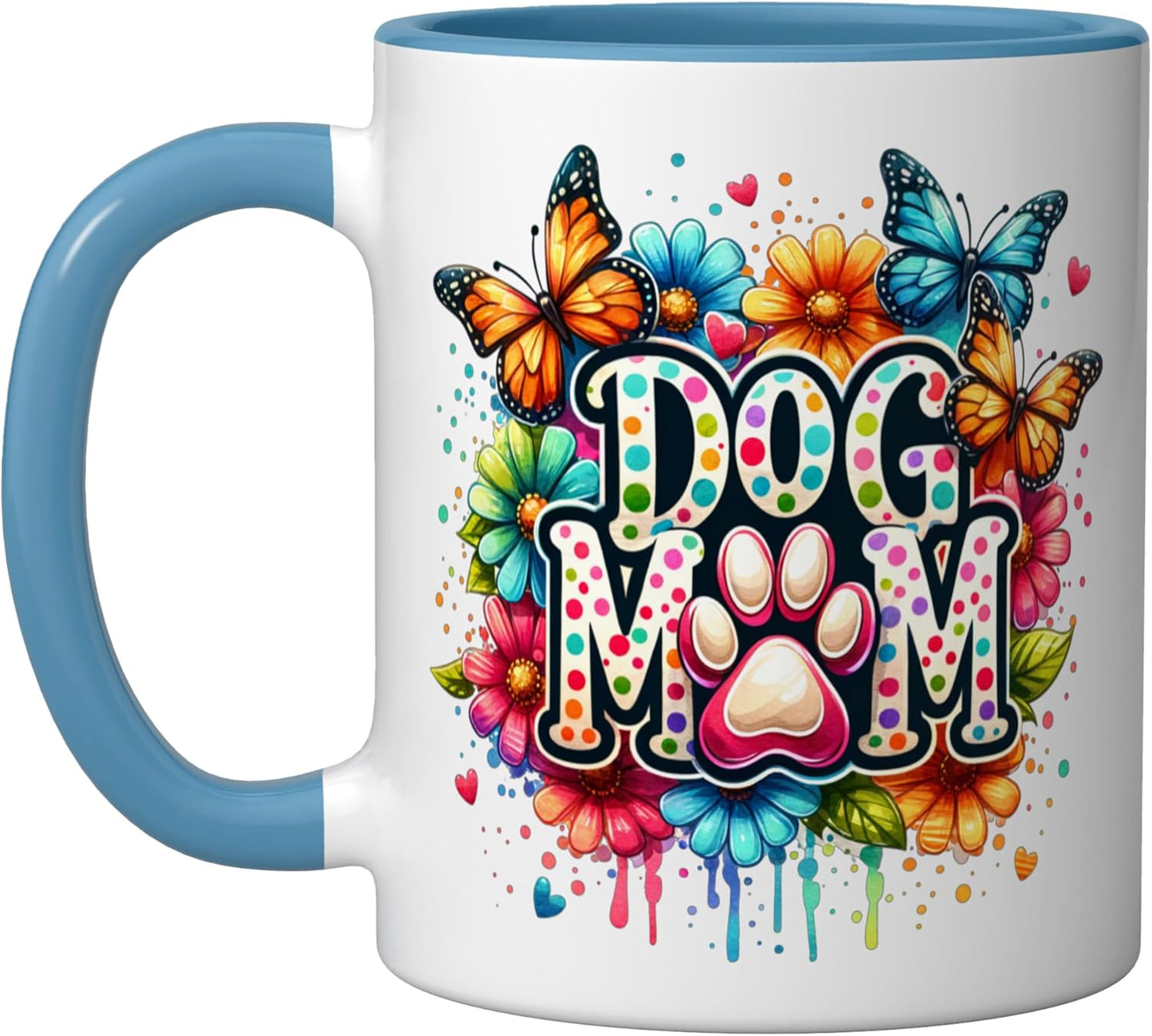 Taza Cerámica Retro Perros con Mariposas Azul/Blanco