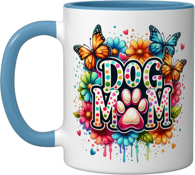 Taza Cerámica Retro Perros con Mariposas Azul/Blanco