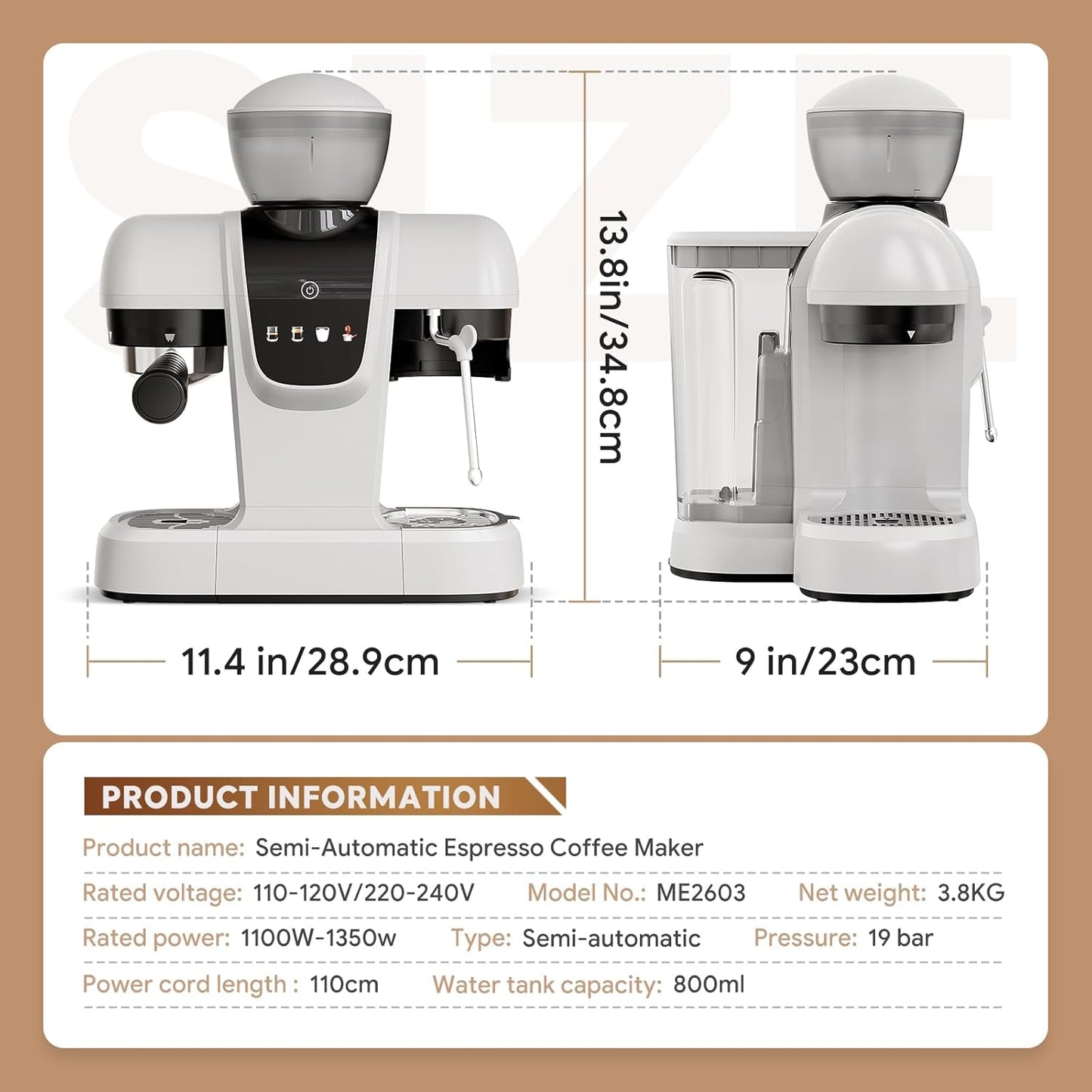 Cafetera Espresso Semiautomática 20 Bar Molinillo Varilla