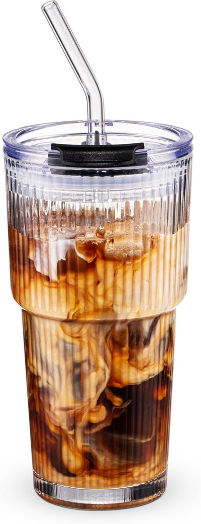 Vaso de vidrio acanalado sin BPA con tapa a prueba de fugas para café, matcha y jugo