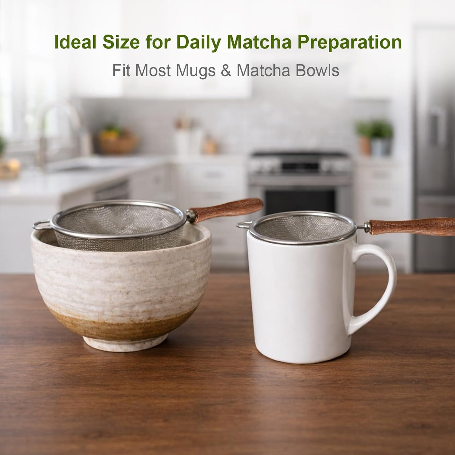 Tamiz matcha de acero inoxidable con mango de madera para té y cacao
