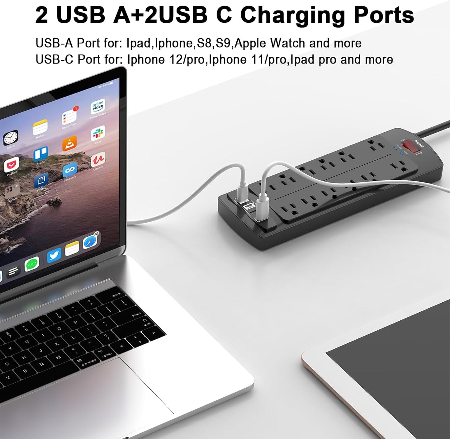 Cable extensión 6ft 12 salidas USB 4 puertos 1875W negro