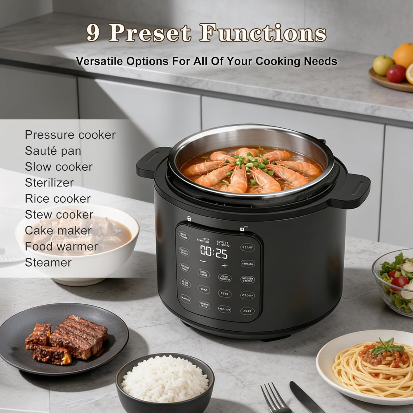 Olla a presión 9en1 6qt acero inox antiadherente
