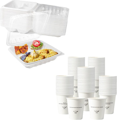 Set 25 contenedores plástico 8pulg 34oz y tazas papel 12oz antifugas