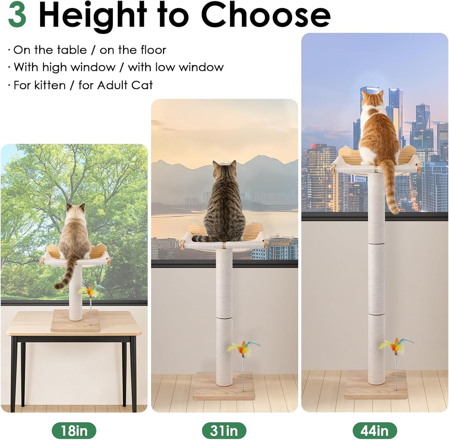 Percha para gato con poste rascador 44pulg hamaca ventosa 33lb