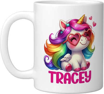 Taza cerámica personalizada para nombre unicornio blanca