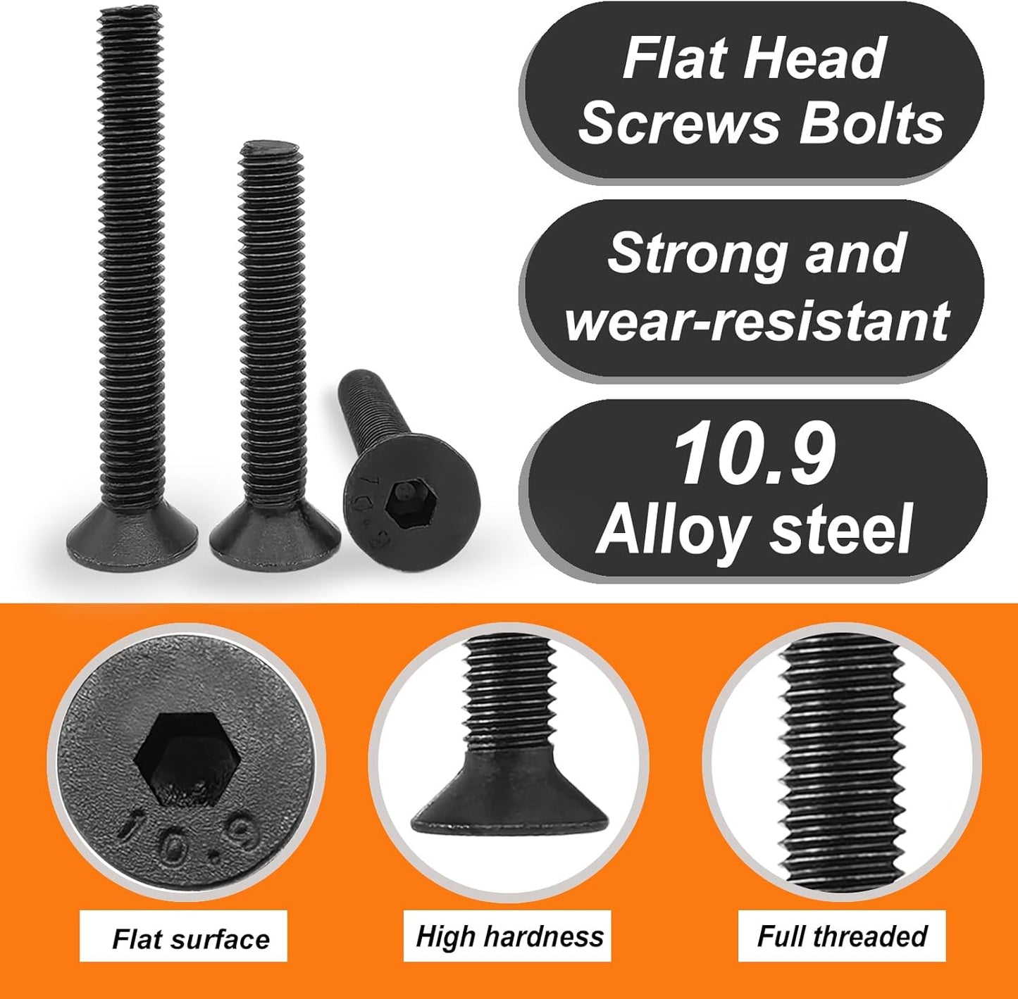 Tornillos avellanados M4 x 0.472pulg acero aleación grado 10.9