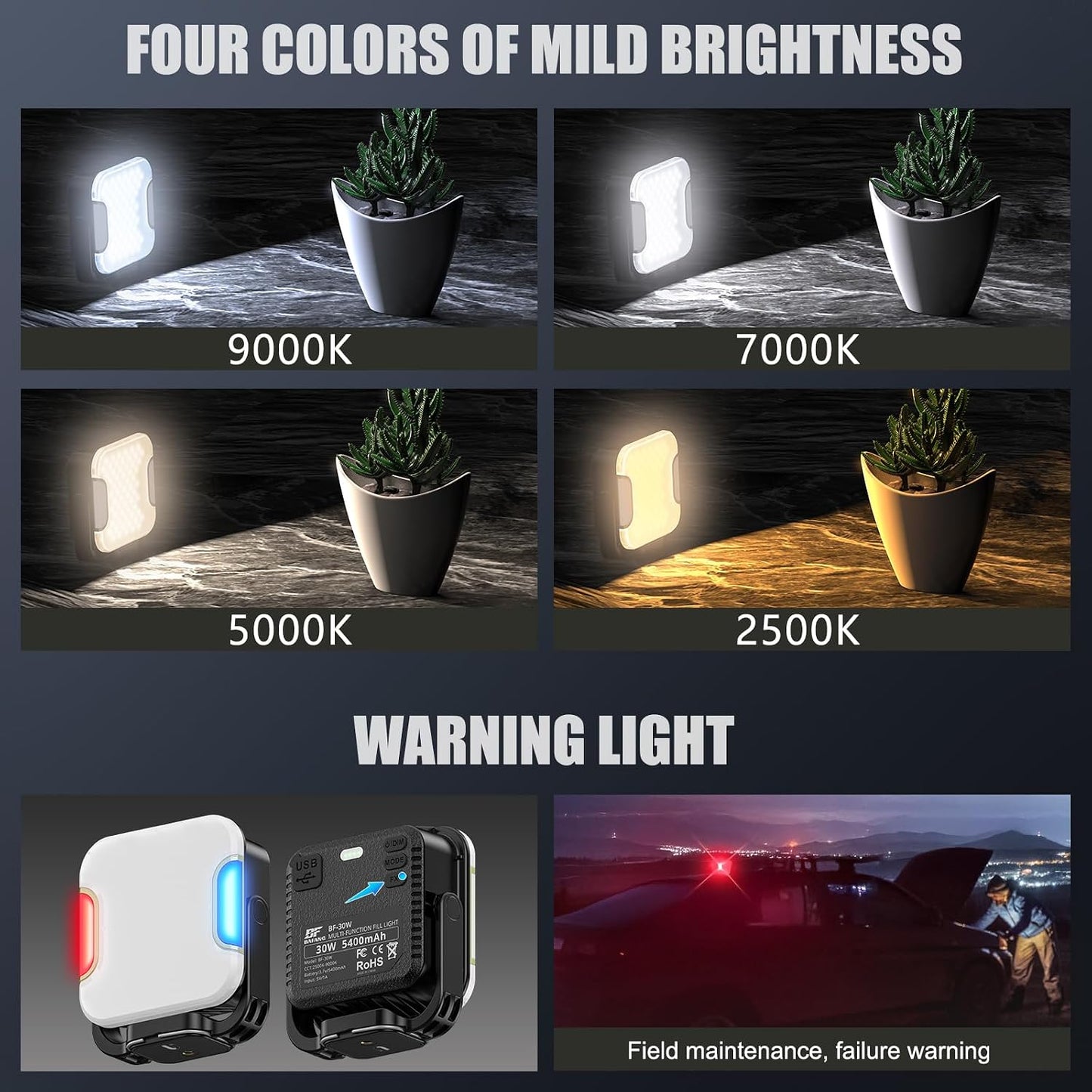 Luz LED video 4 colores 2500K-9000K CRI 95 recargable