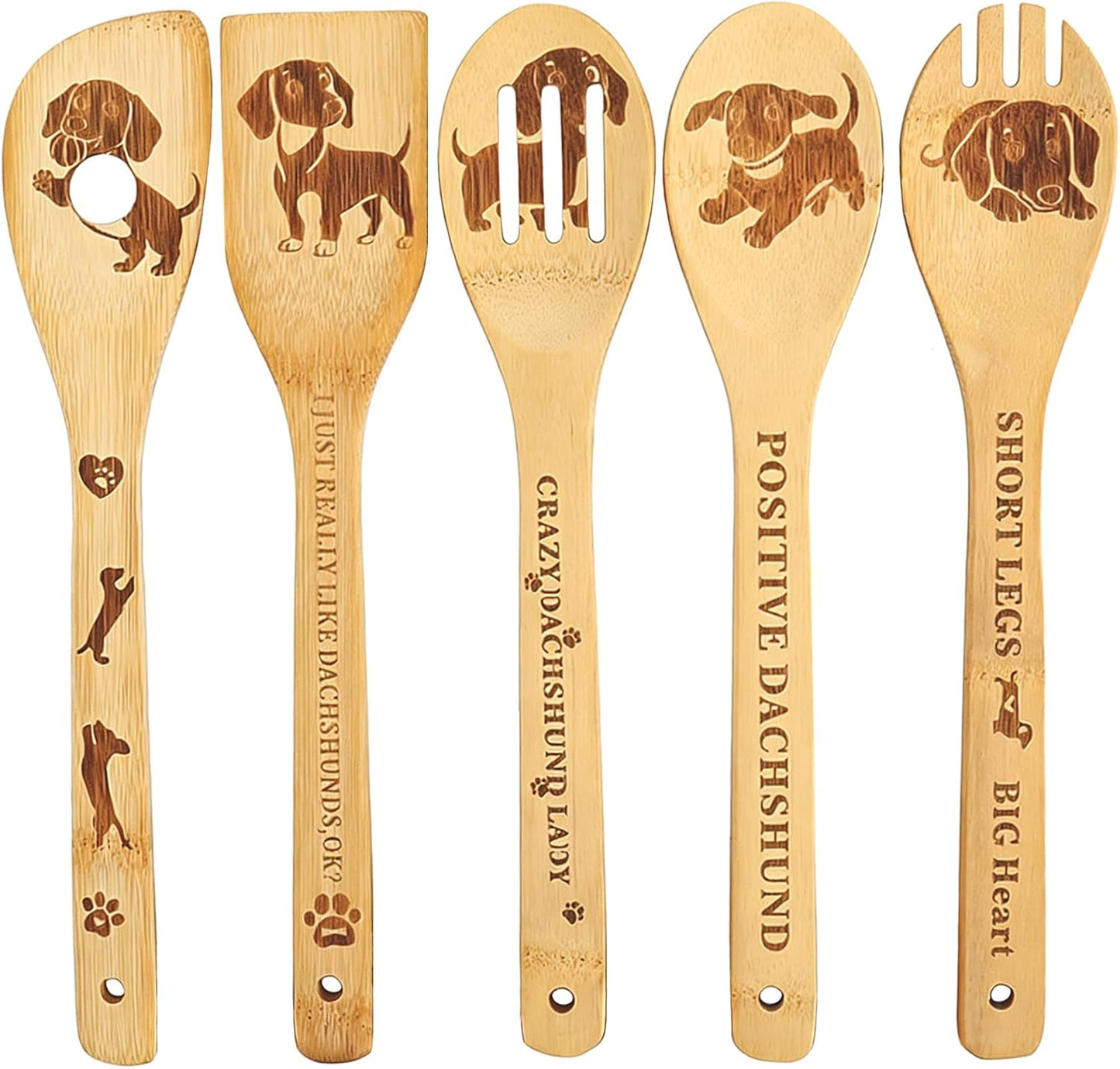 Juego de 5 cucharas de madera para perros salchicha y dachshund