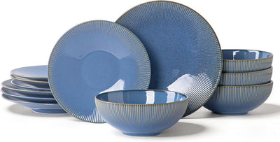 Set 12 Pzas Vajilla Cerámica Acanalada Azul