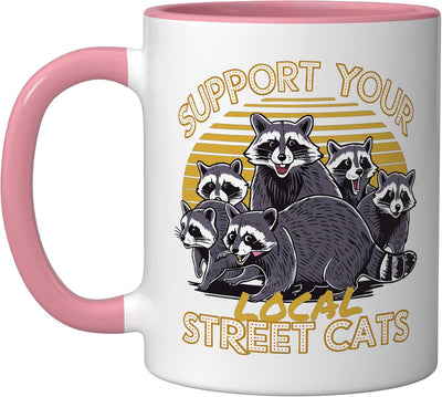 Taza cerámica vintage raccoon para apoyar gatos callejeros rosa/blanca