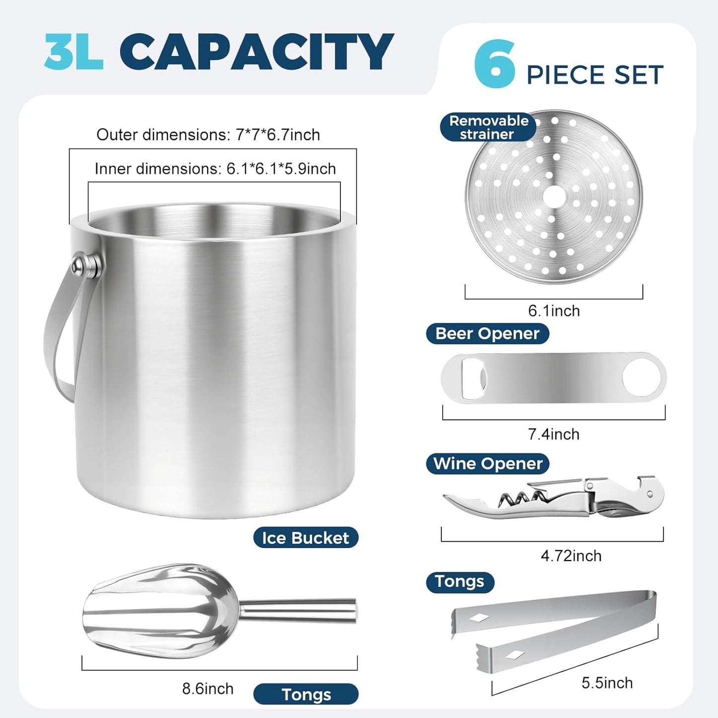 Juego de 6 cubos de hielo de 3L doble pared acero inoxidable con tapa cuchara pinzas abridor para fiestas
