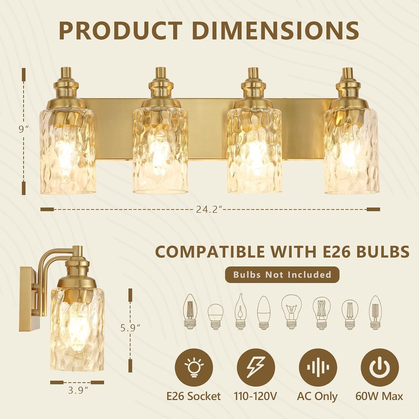 Lámpara baño 4 luces sobre espejo latón cepillado vidrio martillado