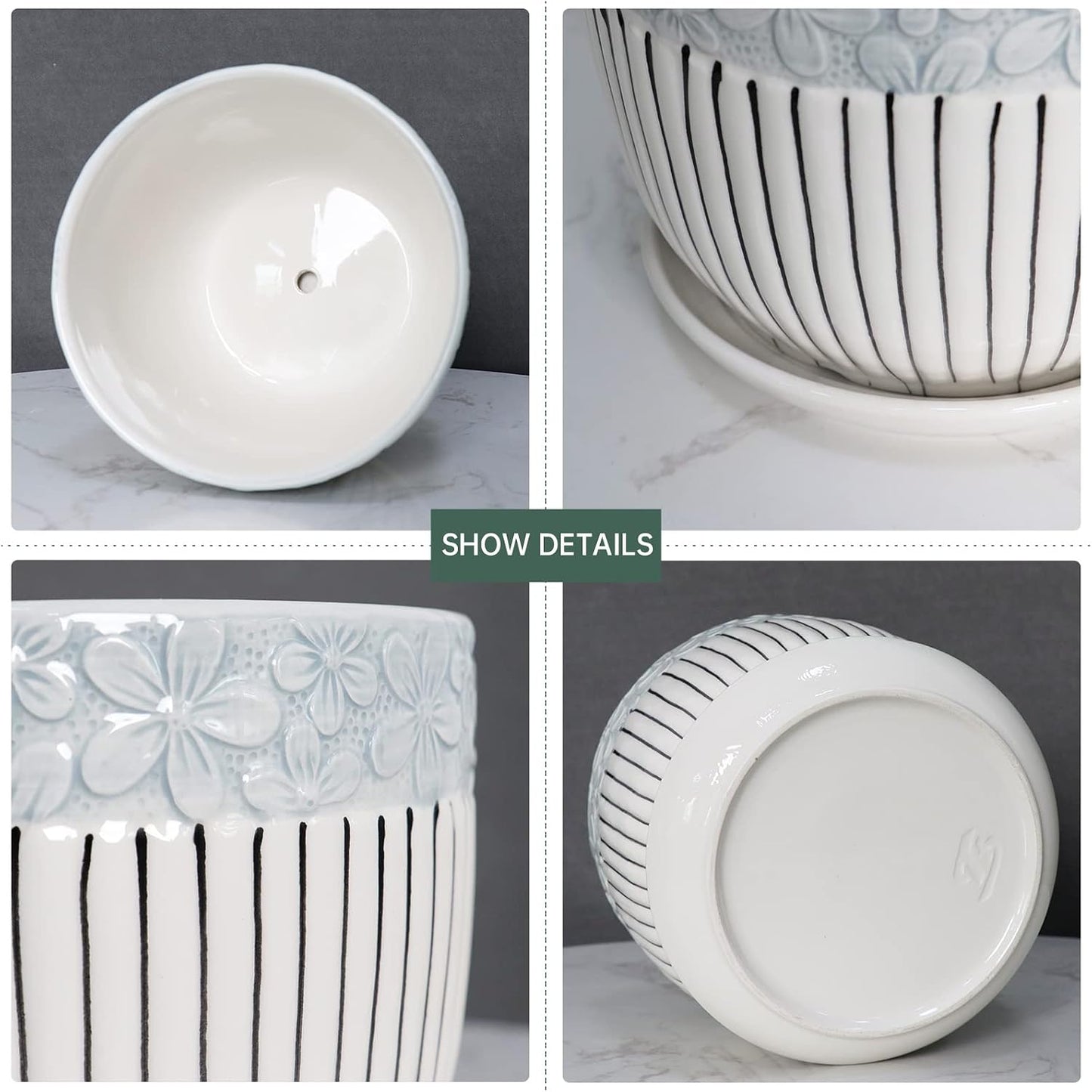 Set 3 Macetas Cerámica Textura Gris con Platillo