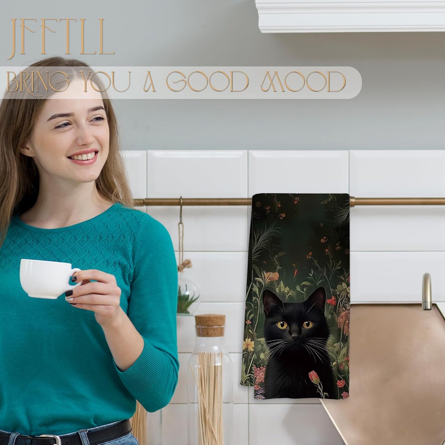 Toallas de cocina vintage con diseño floral de gato negro