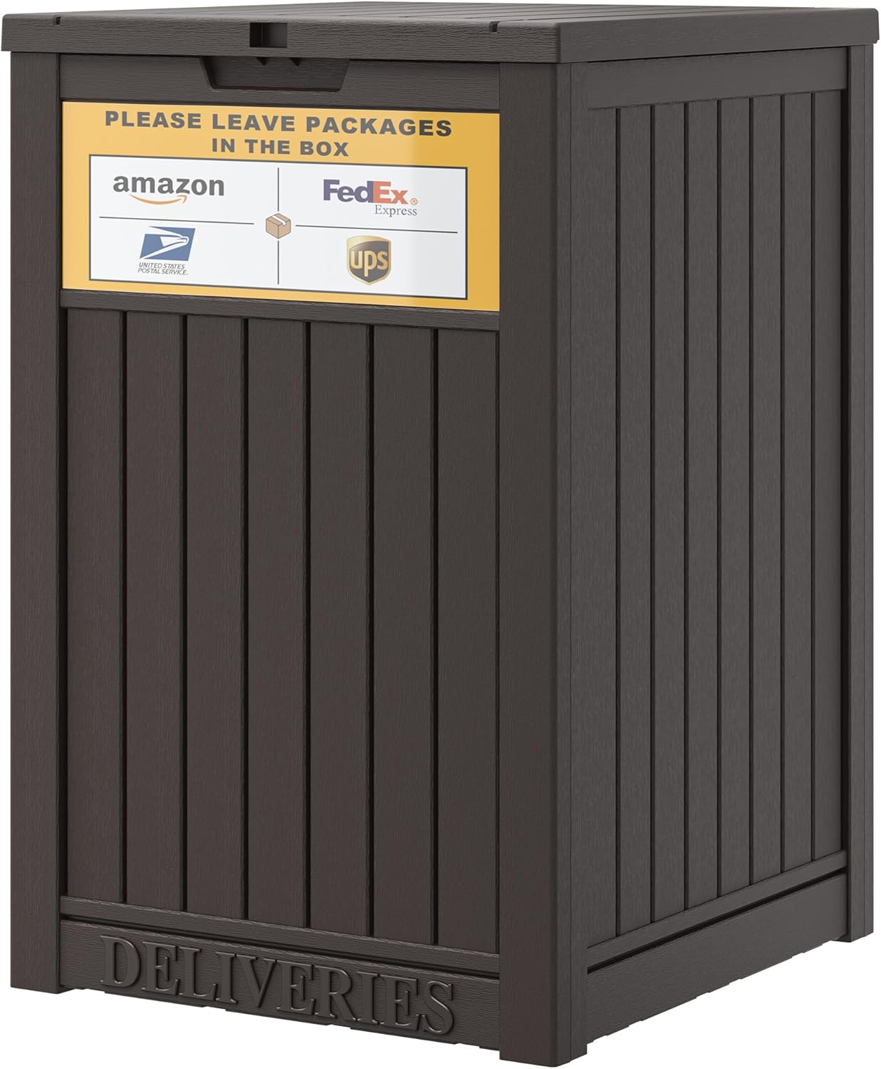 Caja entrega paquetes exterior con seguro y letrero marrón