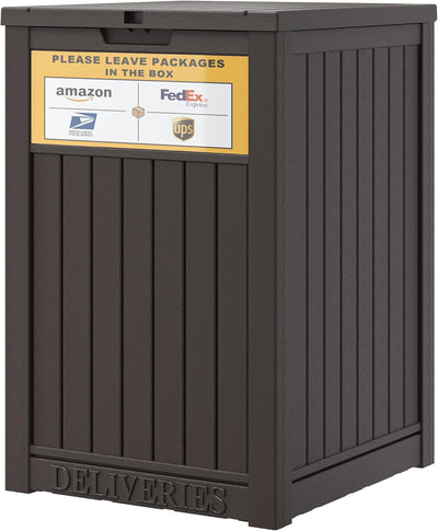 Caja entrega paquetes exterior con seguro y letrero marrón