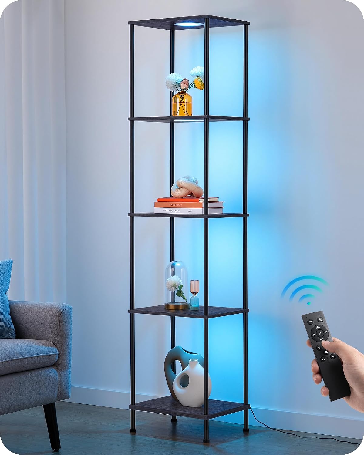 Lámpara pie moderna 5 niveles estante luz ajustable negro