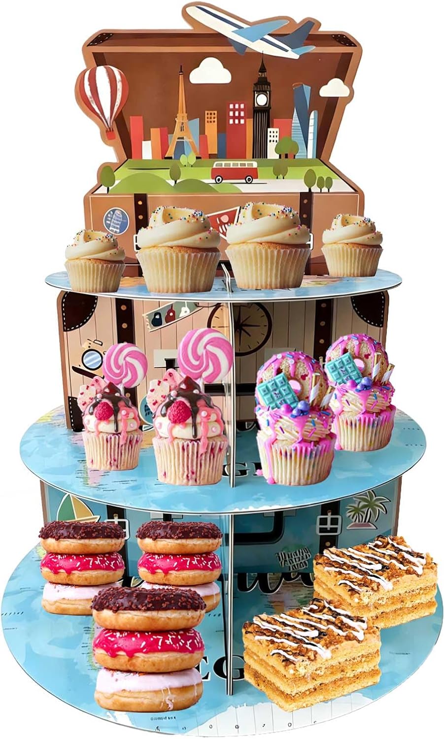 Soporte 3 niveles cupcakes temática viaje decoración fiesta
