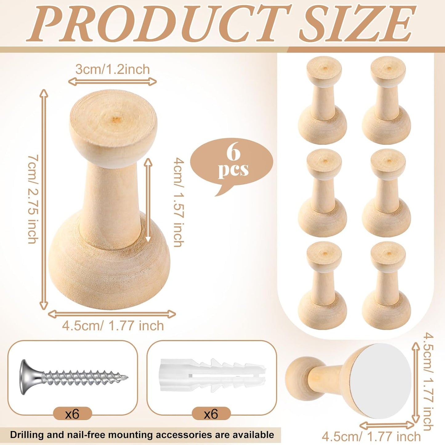 6 Ganchos Madera Natural Adhesivos Perchero Decorativo Hogar