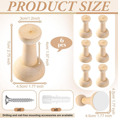 6 Ganchos Madera Natural Adhesivos Perchero Decorativo Hogar