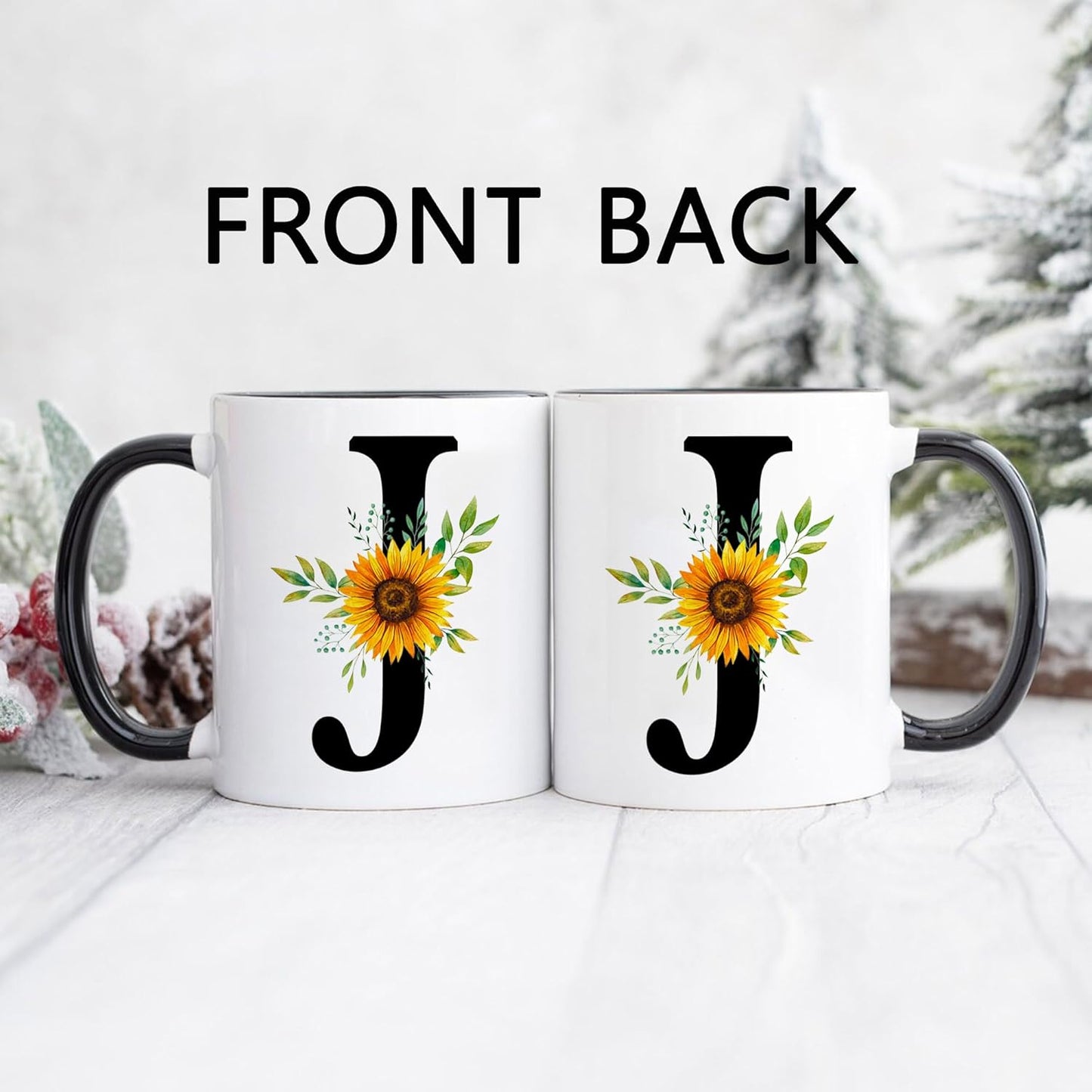 Taza de café de cerámica con monograma floral J, color negro, reutilizable