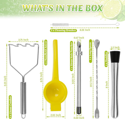 Kit suministros soporte limonada 7 piezas con perforador popote exprimidor limón y trituradores