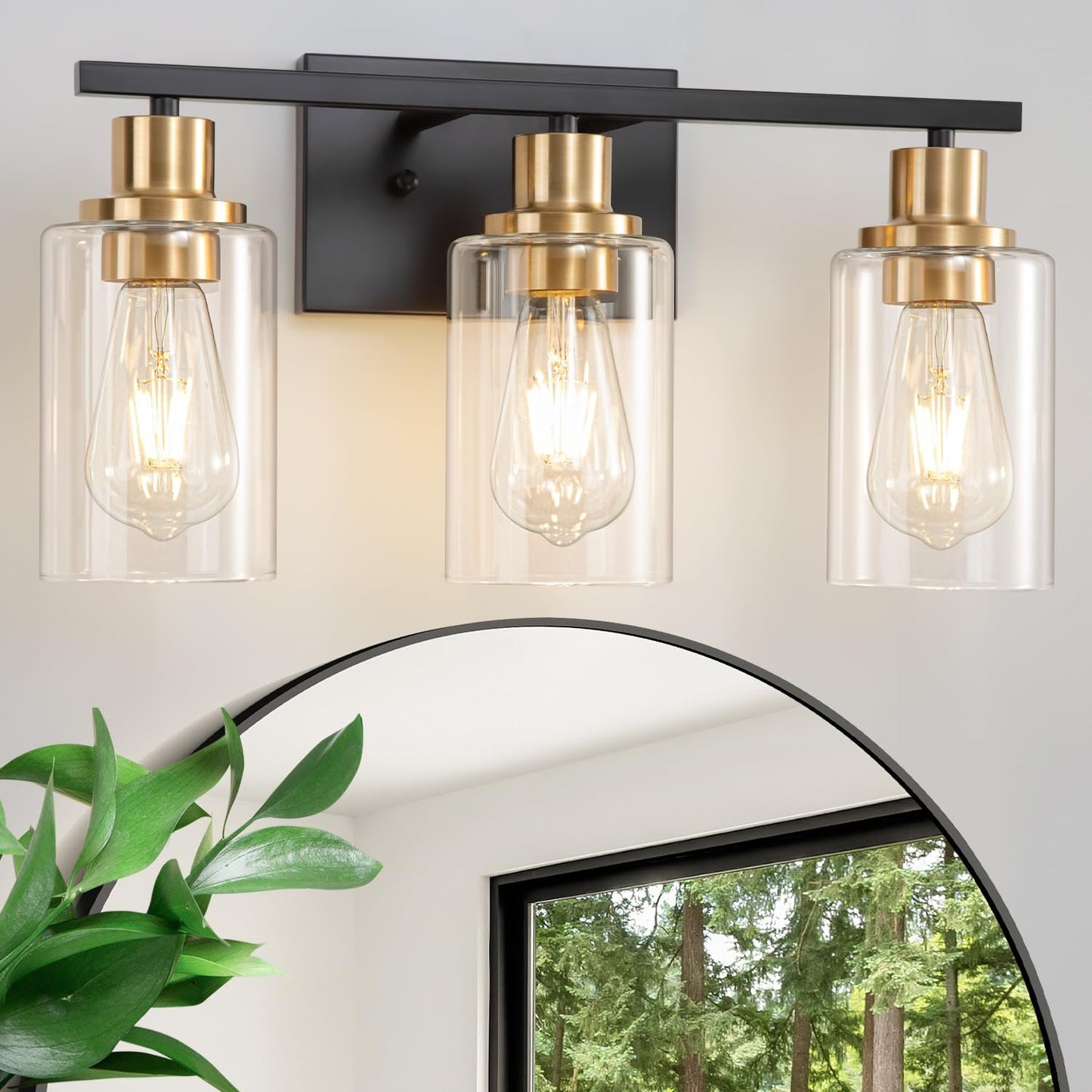 Lámpara baño negro dorado 3 apliques vidrio transparente moderna