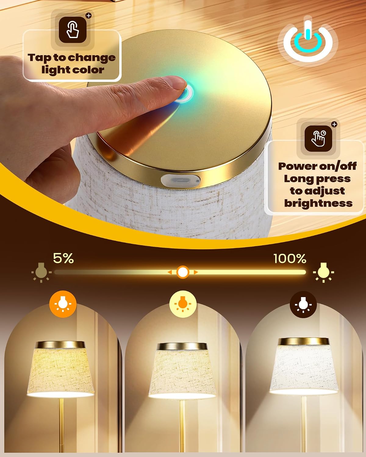 2 Lámparas Mesa Inalámbricas Doradas Recargables LED 5000mAh