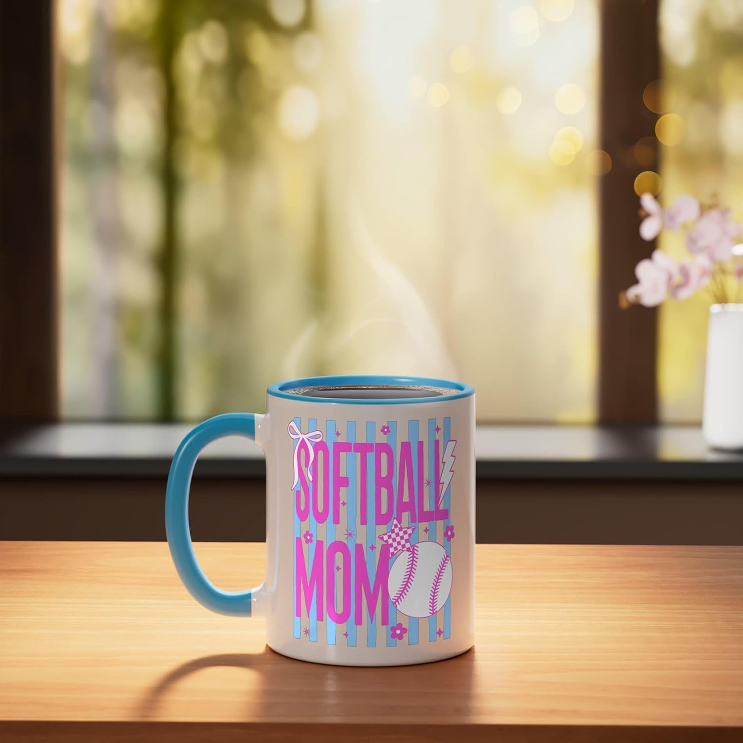 Taza cerámica retro rayas azul/blanco para mamá de béisbol