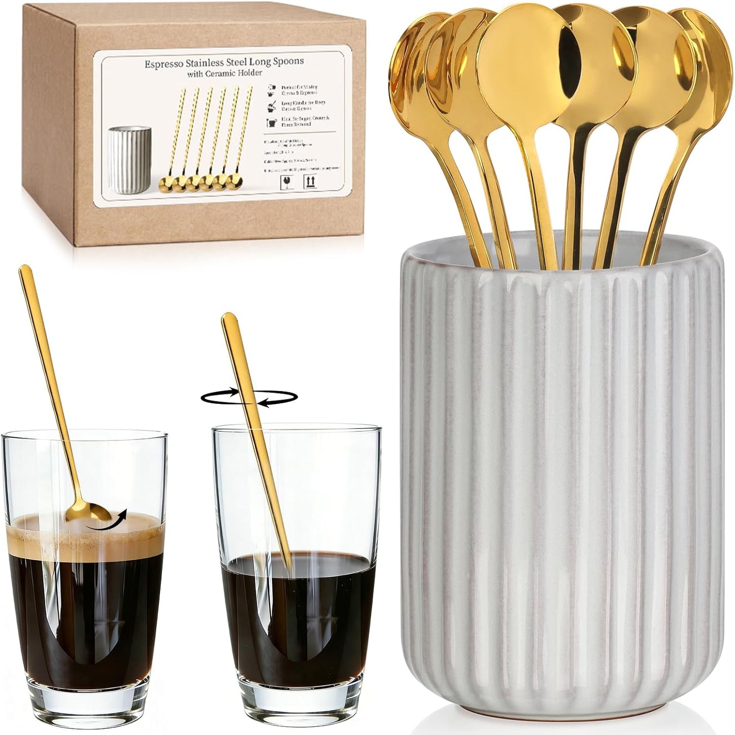 Juego de 6 cucharas de café doradas con soporte para cerámica a rayas